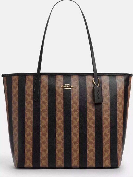 Coach Handbags - Coach Signature Stripe City Tote Bag - Brown/Black